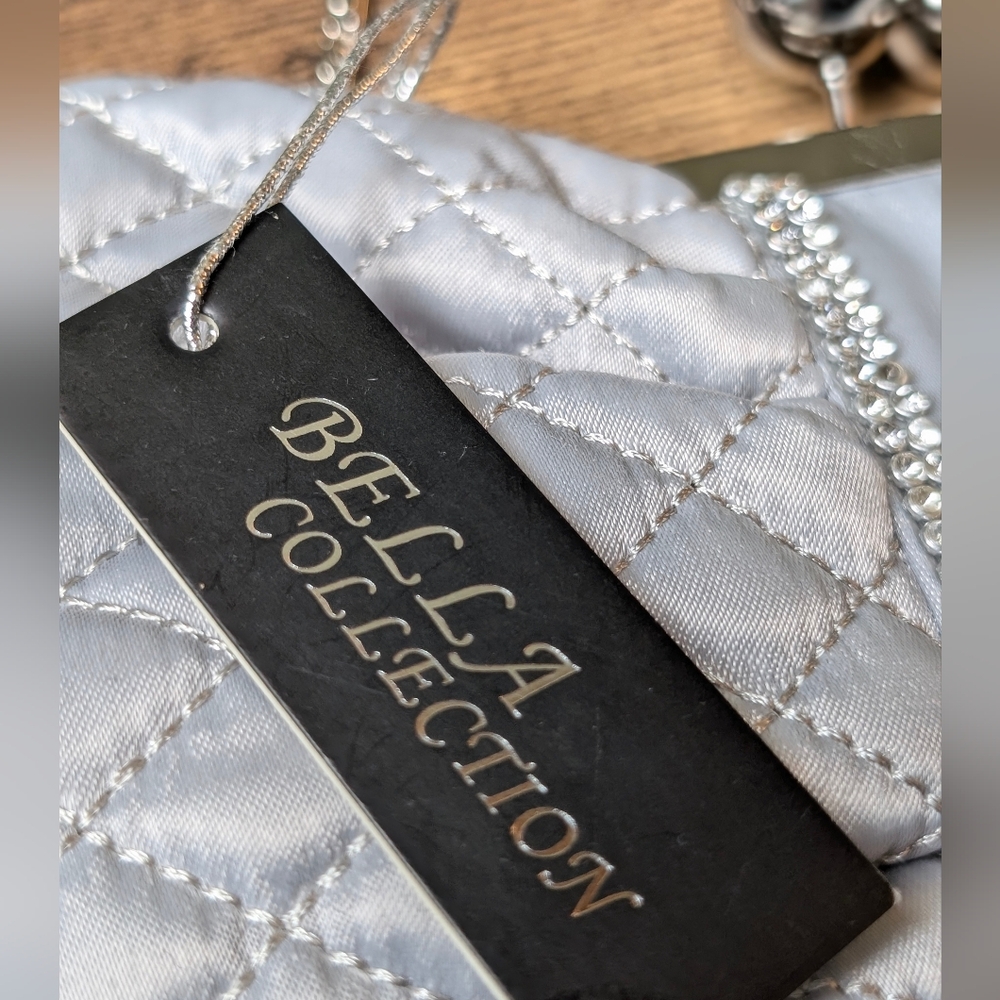 NWT Bella Collection Silver Quilted Bow and Rhinestone Clutch - Picture 3 of 9